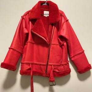 Monki Red Faux Leather Shearling Biker Jacket
